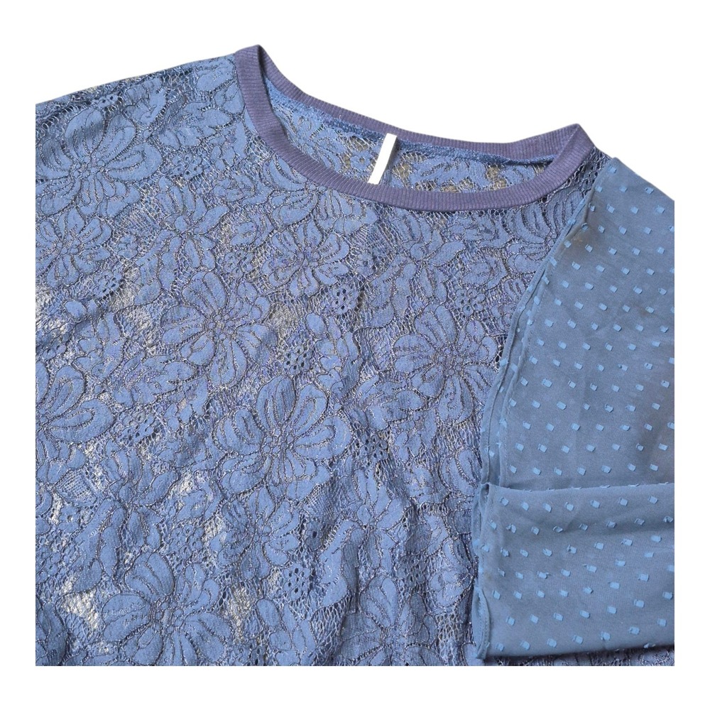 Free People Something Like Love Lace Bell Sleeve Top Navy Blue Women's S